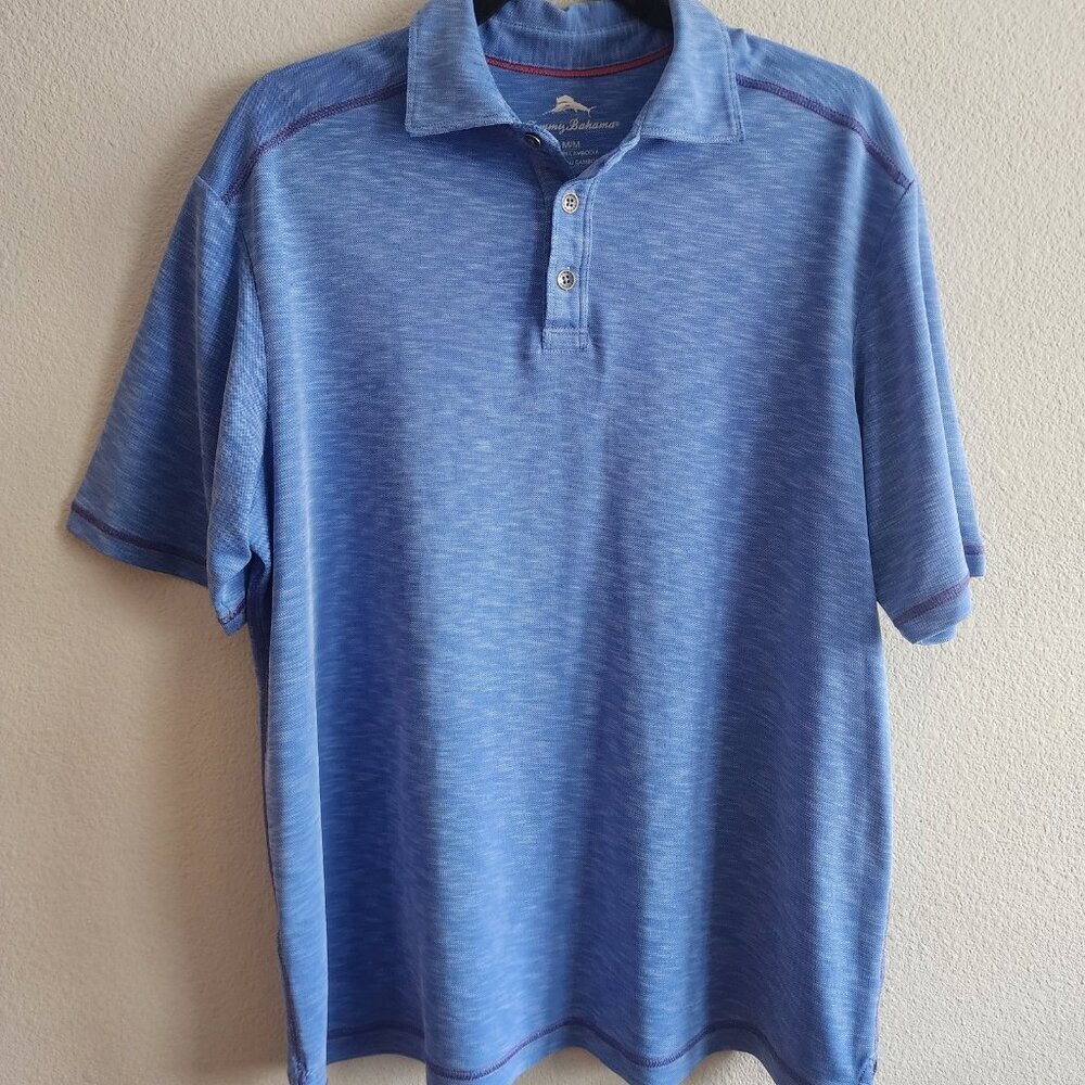 Tommy Bahama Mens Short Sleeve Polo Shirt Button Front Heathered Blue Size L